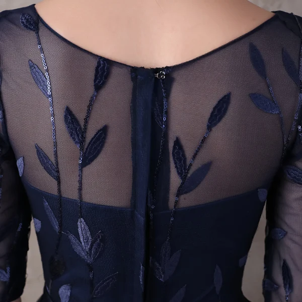 Chic / Beautiful Navy Blue Asymmetrical Evening Dresses  2017 A-Line / Princess Lace Sequins Bow Scoop Neck 1/2 Sleeves Formal Dresses