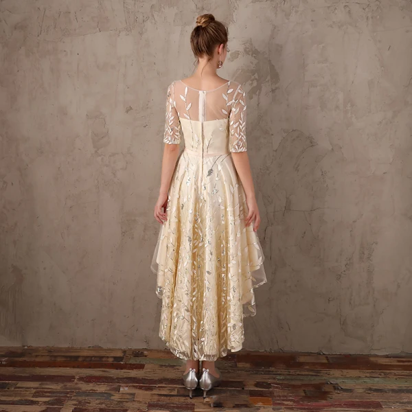 Chic / Belle Champagne Asymétrique Robe De Soirée 2017 Princesse En Dentelle Paillettes Noeud Encolure Dégagée 1/2 Manches Robe De Ceremonie