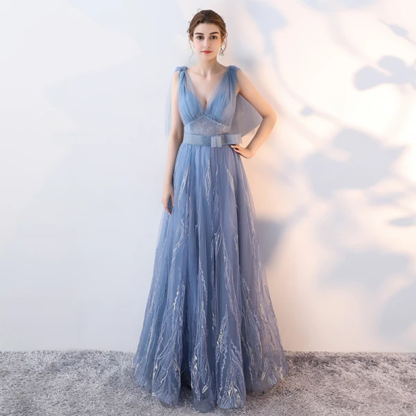 Chic / Beautiful Sky Blue Evening Dresses  2017 A-Line / Princess Bow V-Neck Backless Sleeveless Floor-Length / Long Formal Dresses