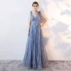 Chic / Beautiful Sky Blue Evening Dresses  2017 A-Line / Princess Bow V-Neck Backless Sleeveless Floor-Length / Long Formal Dresses