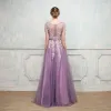 Chic / Beautiful Grape Evening Dresses  2017 A-Line / Princess Lace Flower Beading Sequins Scoop Neck Short Sleeve Floor-Length / Long Formal Dresses