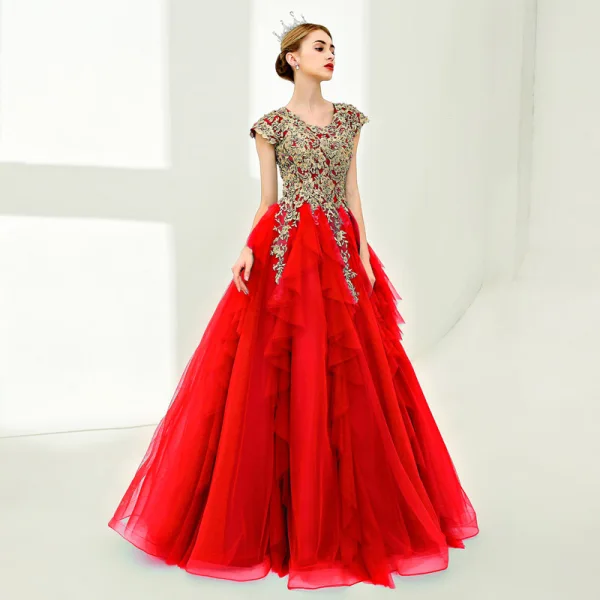 Luxury / Gorgeous Prom Dresses 2017 Ball Gown Lace Flower Pearl Sequins Scoop Neck Floor-Length / Long Sleeveless Formal Dresses