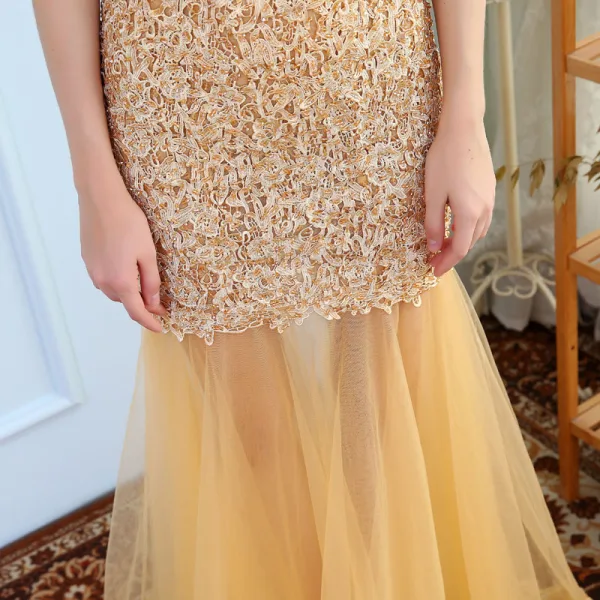 Luxury / Gorgeous Evening Dresses 2017 Trumpet / Mermaid Lace Flower Crystal Off-The-Shoulder Backless Short Sleeve Floor-Length / Long Formal Dresses