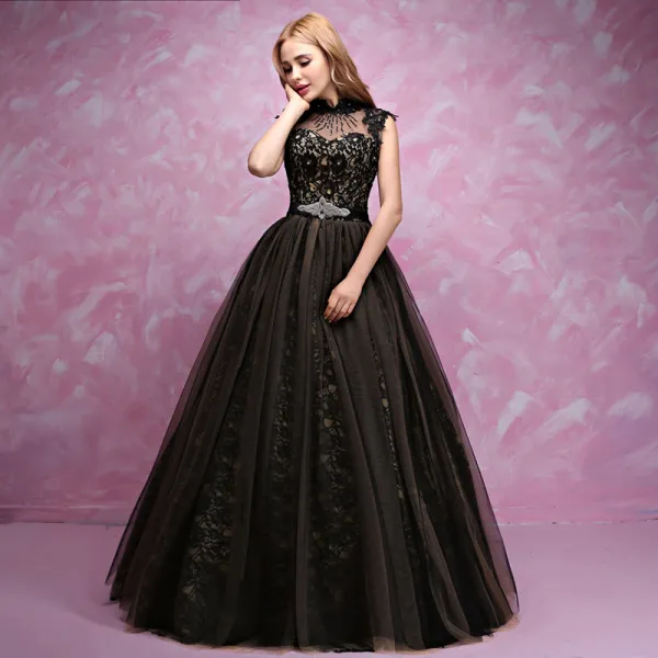Luxury / Gorgeous Black Gold Prom Dresses 2017 Ball Gown Lace Beading Crystal Rhinestone High Neck Backless Sleeveless Floor-Length / Long Formal Dresses