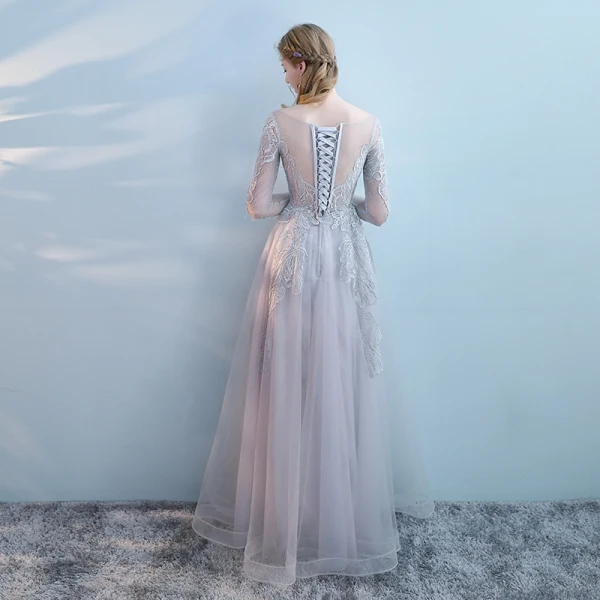 Chic / Beautiful Grey Evening Dresses 2017 A-Line / Princess Lace Pearl Sequins Scoop Neck Long Sleeve Ankle Length Formal Dresses