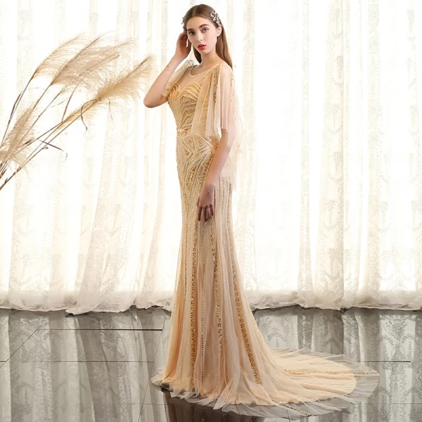 Luxury / Gorgeous Gold Evening Dresses 2017 Trumpet / Mermaid Beading Crystal Pearl Sequins Scoop Neck Backless 1/2 Sleeves Sweep Train Formal Dresses