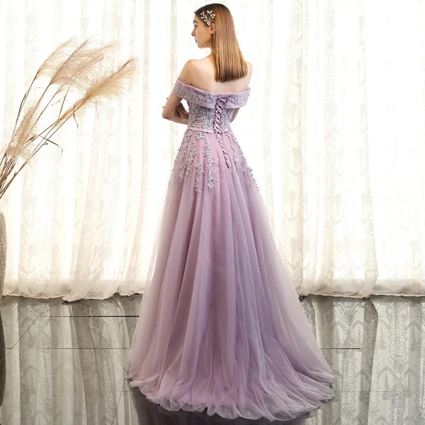 Chic / Beautiful Evening Dresses 2017 A-Line / Princess Lace Flower Pearl Off-The-Shoulder Backless Sleeveless Sweep Train Formal Dresses