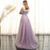 Chic / Beautiful Evening Dresses  2017 A-Line / Princess Lace Flower Pearl Off-The-Shoulder Backless Sleeveless Sweep Train Formal Dresses