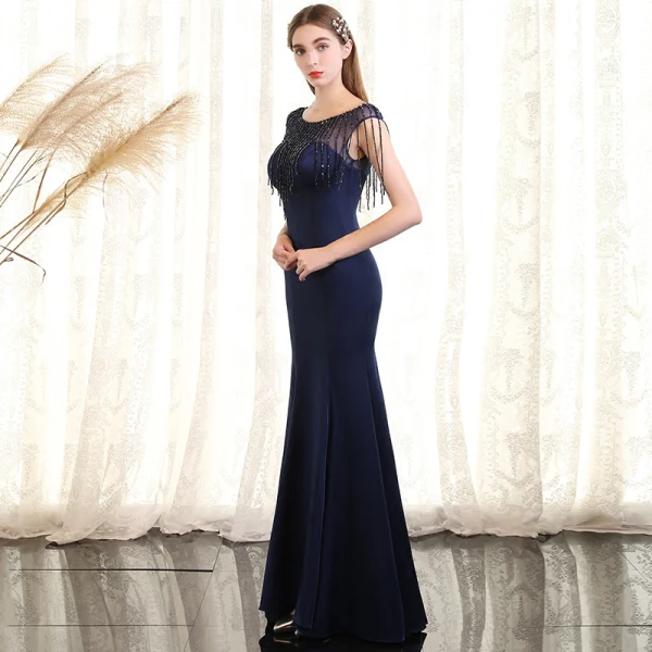 Chic / Beautiful Navy Blue Evening Dresses 2017 Trumpet / Mermaid Crystal Scoop Neck Sleeveless Ankle Length Formal Dresses