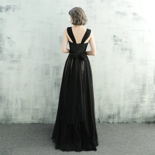 Chic / Belle Noir Robe De Soirée 2017 Princesse Dentelle Fleur Ceinture De l'épaule Dos Nu Sans Manches Longue Robe De Ceremonie