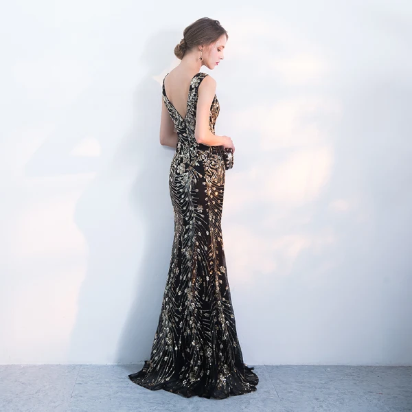 Amazing / Unique Black Gold Evening Dresses  2017 Trumpet / Mermaid Sequins V-Neck Backless Sleeveless Floor-Length / Long Formal Dresses