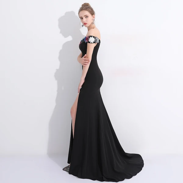 Sexy Schwarz Abendkleider 2017 Mermaid Mit Spitze Blumen Pailletten Off Shoulder Kurze Ärmel Rückenfreies Sweep / Pinsel Zug Festliche Kleider
