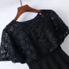 Chic / Beautiful Black Formal Dresses 2017 A-Line / Princess Lace Flower Scoop Neck Short Sleeve Ankle Length Evening Dresses