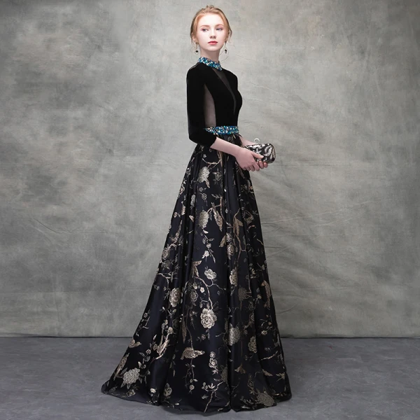 Luxury / Gorgeous Black Gold Evening Dresses 2018 A-Line / Princess Crystal Embroidered Pierced Scoop Neck Backless 3/4 Sleeve Floor-Length / Long Formal Dresses