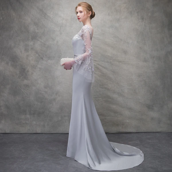 Chic / Beautiful Silver Evening Dresses  2018 Trumpet / Mermaid Lace Flower Scoop Neck Backless Long Sleeve Sweep Train Formal Dresses