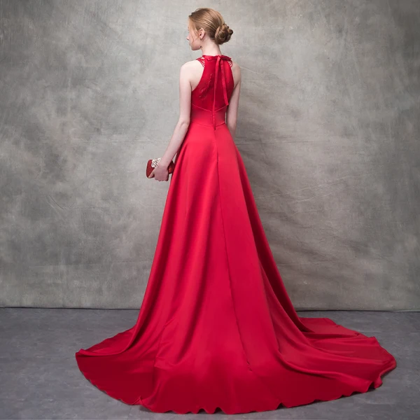 Élégant Rouge Robe De Soirée 2017 Princesse Noeud Perlage Col Haut Sans Manches Bustier Royal Train Robe De Ceremonie