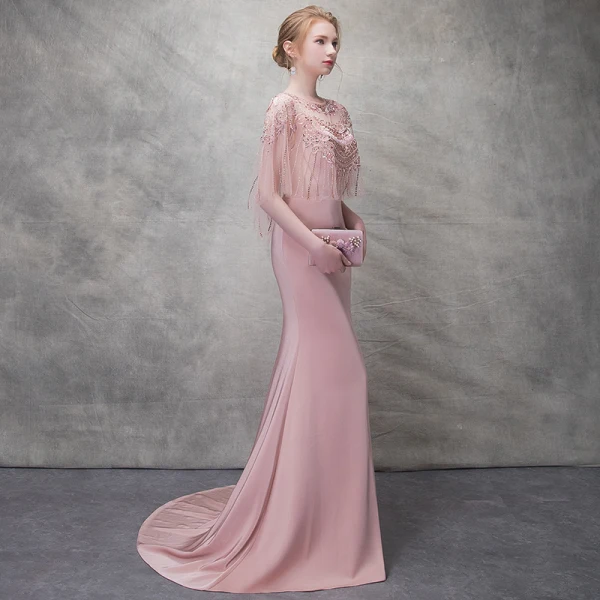 Élégant Rougissant Rose Robe De Soirée 2017 Trompette / Sirène En Dentelle Fleur Cristal Encolure Dégagée 1/2 Manches Train De Balayage Robe De Ceremonie