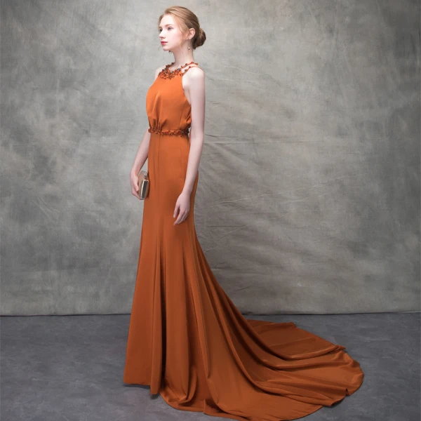Élégant Orange Robe De Soirée 2017 Trompette / Sirène Fleurs Artificielles Faux Diamant Cristal Titulaire Dos Nu Sans Manches Tribunal Train Robe De Ceremonie