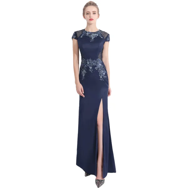 Chic / Belle Fendue devant Robe De Soirée 2017 Trompette / Sirène En Dentelle Fleur Cristal Encolure Dégagée Manches Courtes Longueur Cheville Robe De Ceremonie
