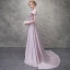 Elegante Rosa Abendkleider 2017 A Linie Mit Spitze Blumen Pailletten Rundhalsausschnitt Rückenfreies Sweep / Pinsel Zug Kurze Ärmel Festliche Kleider