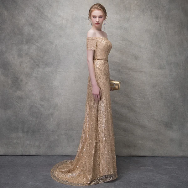Scintillantes Dorés Robe De Soirée 2017 Trompette / Sirène Glitter Dentelle Métal Ceinture De l'épaule Manches Courtes Train De Balayage Robe De Ceremonie