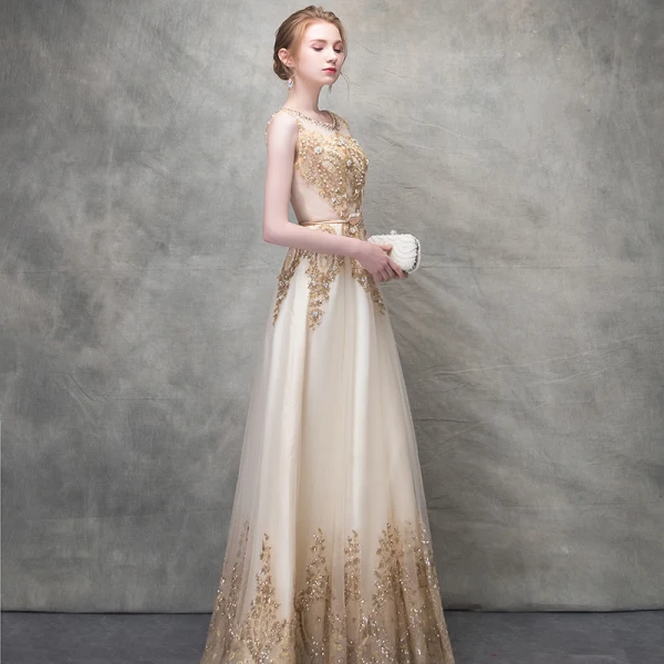 Sparkly Champagne Evening Dresses  2017 A-Line / Princess Pearl Sequins Metal Sash Scoop Neck Sleeveless Ankle Length Formal Dresses
