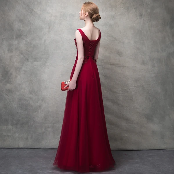 Chic / Belle Bordeaux Robe De Soirée 2017 Princesse En Dentelle Fleur Cristal Fleurs Artificielles Encolure Dégagée Dos Nu Sans Manches Longueur Cheville Robe De Ceremonie