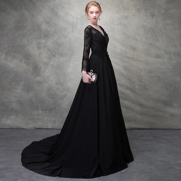 Chic / Belle Noir Robe De Soirée 2017 Princesse Perlage Cristal En Dentelle Fleurs Artificielles Percé V-Cou Dos Nu Manches Longues Train De Balayage Robe De Ceremonie