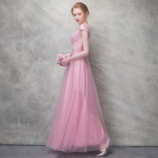 Chic / Beautiful Candy Pink Evening Dresses  2017 A-Line / Princess Flower Lace Rhinestone Scoop Neck Backless Short Sleeve Ankle Length Formal Dresses