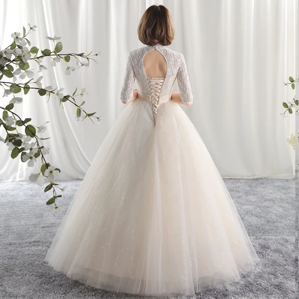 Chic / Beautiful Ball Gown Wedding Dresses 2017 Lace Flower High Neck Backless 1/2 Sleeves Floor-Length / Long Wedding