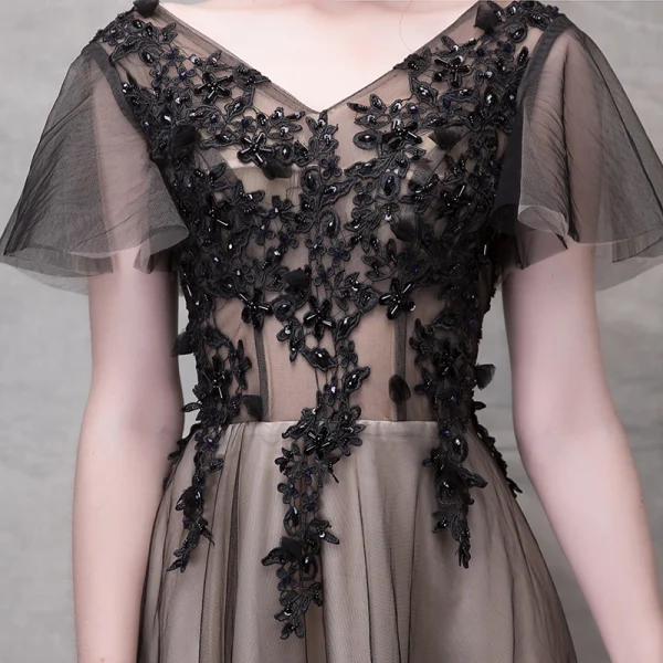 Chic / Belle Noir Robe De Soirée 2017 Princesse Cristal En Dentelle Fleur V-Cou Dos Nu Manches Courtes Longueur Cheville Robe De Ceremonie
