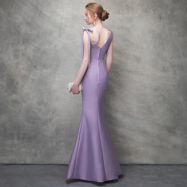 Elegant Lavender Evening Dresses  2017 Trumpet / Mermaid Bow Crystal Rhinestone Spaghetti Straps Backless Sleeveless Ankle Length Formal Dresses