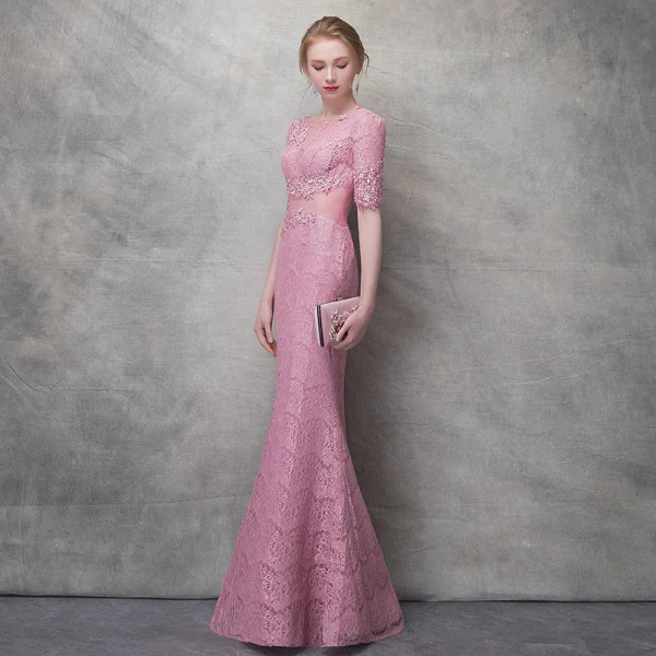 Chic / Beautiful Candy Pink Evening Dresses 2017 Trumpet / Mermaid Lace Sequins Pierced Scoop Neck 1/2 Sleeves Ankle Length Formal Dresses