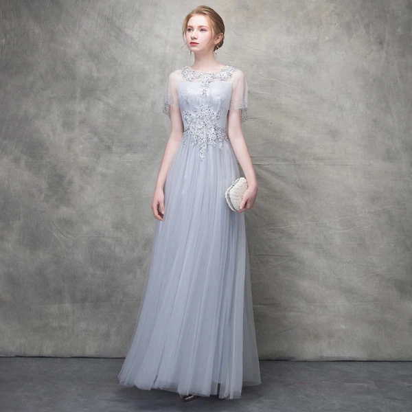 Chic / Beautiful Grey Evening Dresses 2018 A-Line / Princess Lace Flower Crystal Pearl Scoop Neck Short Sleeve Ankle Length Formal Dresses