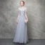Chic / Beautiful Grey Evening Dresses  2018 A-Line / Princess Lace Flower Crystal Pearl Scoop Neck Short Sleeve Ankle Length Formal Dresses