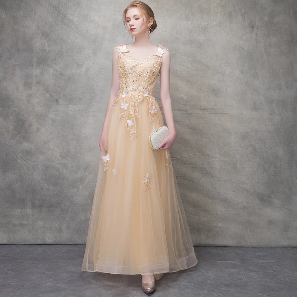 Chic / Belle Champagne Robe De Soirée 2017 Princesse Papillon En Dentelle Fleur Perlage Paillettes Encolure Dégagée Dos Nu Sans Manches Longueur Cheville Robe De Ceremonie