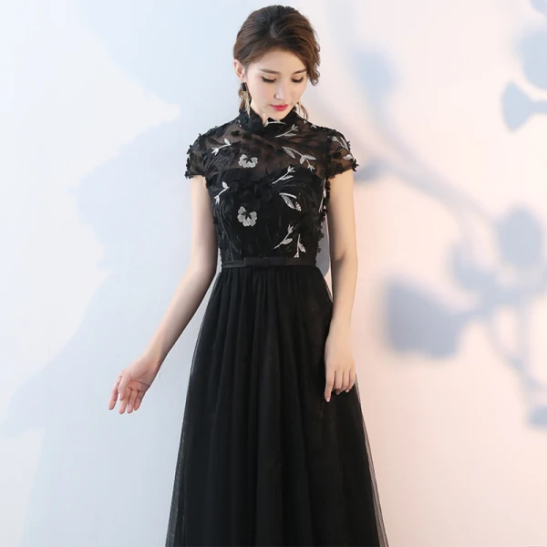 Schöne Chinesischer Stil Abendkleider 2017 A Linie Spitze Blumen Pailletten Rückenfreies Stehkragen Kurze Ärmel Festliche Kleider Dieselbe Wie Die Erste Bild