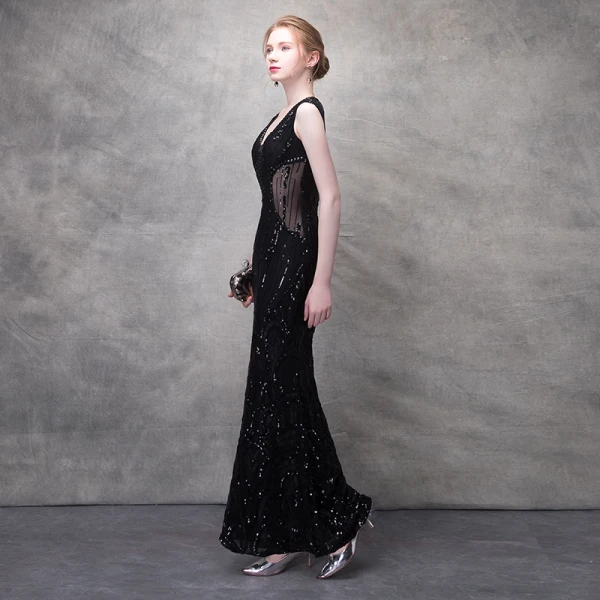 Sexy Noir Robe De Soirée 2017 Trompette / Sirène En Dentelle Fleur Cristal Paillettes Percé V-Cou Dos Nu Sans Manches Longueur Cheville Robe De Ceremonie