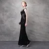 Sexy Black Evening Dresses  2017 Trumpet / Mermaid Lace Flower Crystal Sequins Pierced V-Neck Backless Sleeveless Ankle Length Formal Dresses
