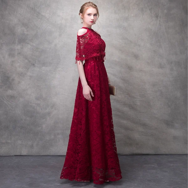 Chic / Beautiful Burgundy Evening Dresses 2017 A-Line / Princess Lace Flower Beading Crystal Sequins Bow Halter Strapless 1/2 Sleeves Ankle Length Formal Dresses