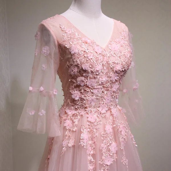 Chic / Belle Perle Rose Robe De Soirée 2017 Princesse En Dentelle Fleur Perlage Fleurs Artificielles V-Cou Dos Nu 3/4 Manches Longue Robe De Ceremonie