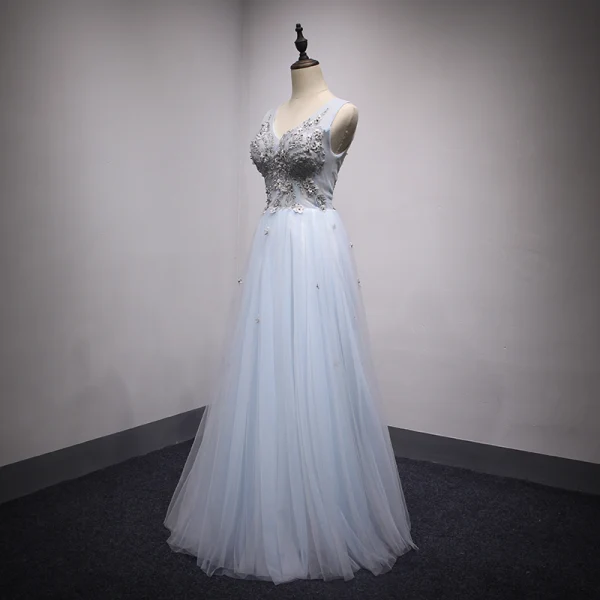 Chic / Beautiful Sky Blue Evening Dresses 2017 A-Line / Princess Lace Flower Pearl Bow V-Neck Backless Sleeveless Floor-Length / Long Formal Dresses