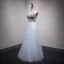 Chic / Beautiful Sky Blue Evening Dresses 2017 A-Line / Princess Lace Flower Pearl Bow V-Neck Backless Sleeveless Floor-Length / Long Formal Dresses