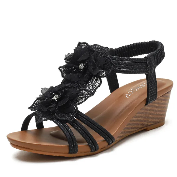 Roman Beige Lace Flower Beach Womens Sandals 2021 5 cm Wedges Open / Peep Toe Sandals High Heels