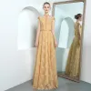 Chinese style Gold Evening Dresses  2018 A-Line / Princess Lace Beading Pearl Sash High Neck Backless Cap Sleeves Floor-Length / Long Formal Dresses