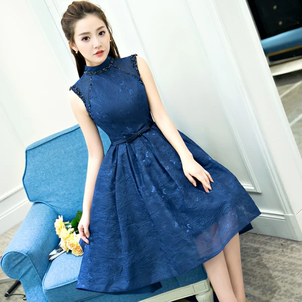 Vintage / Retro Navy Blue Evening Dresses 2018 Ball Gown Bow Beading Lace Crystal High Neck Backless Sleeveless Knee-Length Formal Dresses