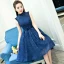 Vintage / Retro Navy Blue Evening Dresses  2018 Ball Gown Bow Beading Lace Crystal High Neck Backless Sleeveless Knee-Length Formal Dresses