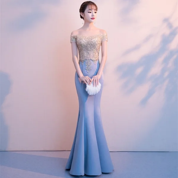 Elegant Dark Green Evening Dresses  2018 Trumpet / Mermaid Lace Beading Off-The-Shoulder Backless Short Sleeve Floor-Length / Long Formal Dresses