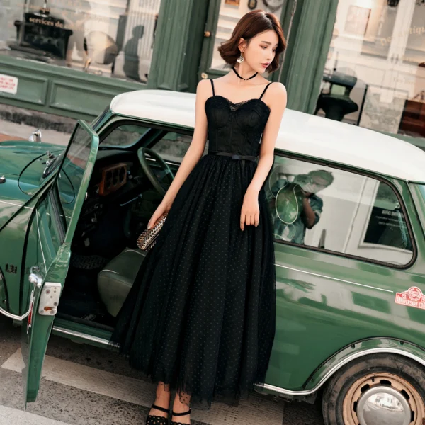 Chic / Belle Noire Robe De Bal 2018 Princesse Tachetée Noeud Bretelles Spaghetti Dos Nu Sans Manches Longueur Cheville Robe De Ceremonie