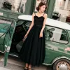 Chic / Beautiful Black Prom Dresses 2018 A-Line / Princess Spotted Bow Spaghetti Straps Backless Sleeveless Ankle Length Formal Dresses